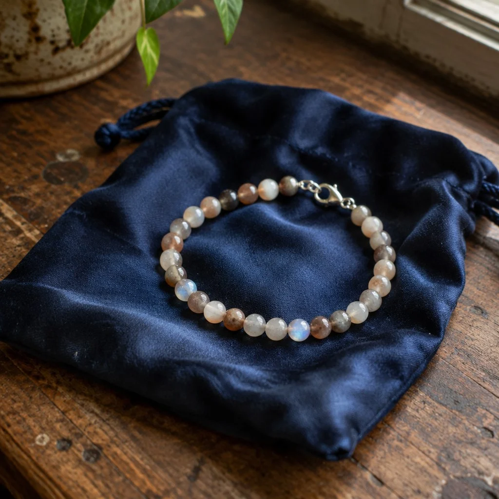 Ein mehrfarbiges Mondstein-Armband auf einem dunkelblauen Satinsäckchen auf einem Holztisch