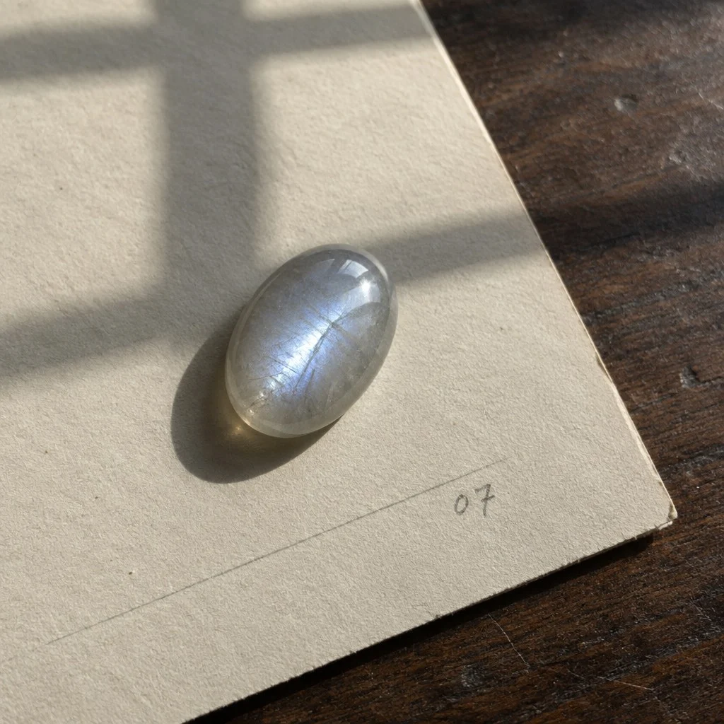 Ein grauer Mondstein auf einem Blatt Papier mit der handgeschriebenen Nummer 07